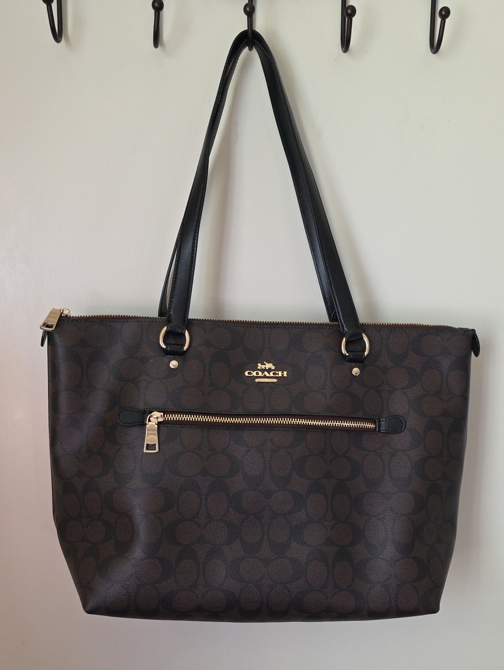Coach Brown Monogram Tote with Black Straps